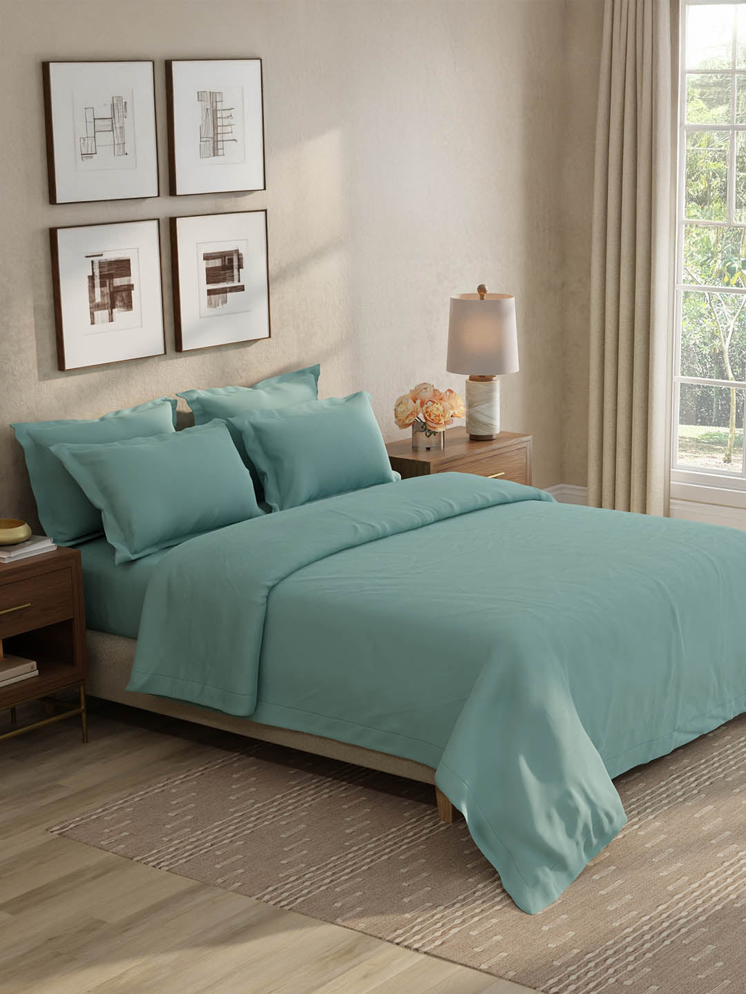 100% Cotton 300 TC, King Size Dyed Bedsheet with 1 Duvet Cover and 4 Pillow Covers, Emblem Collection - Arona
