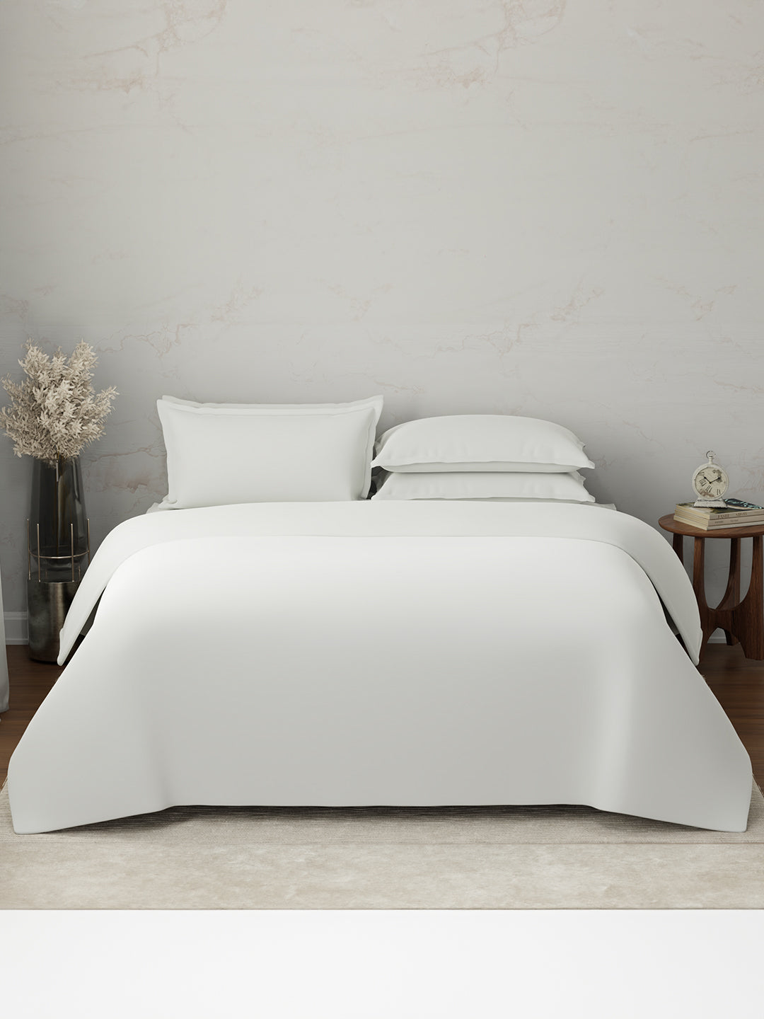 100% Cotton 300 TC, King Size Dyed Bedsheet with 1 Duvet Cover and 4 Pillow Covers, Emblem Collection - Bright White