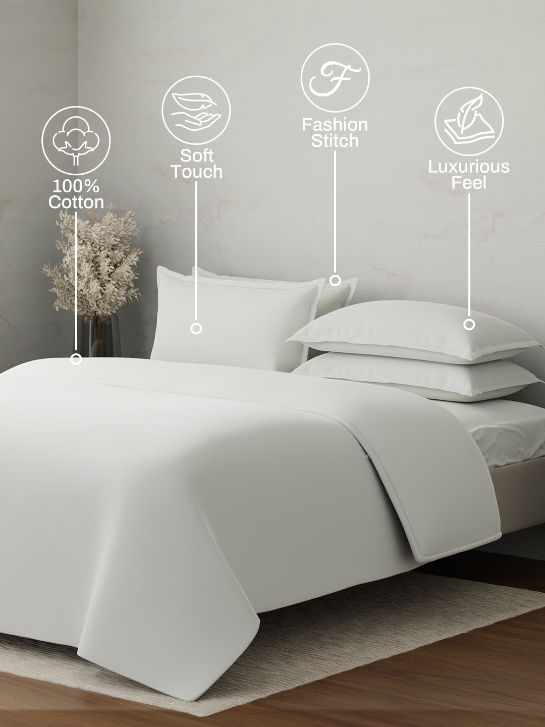 100% Cotton 300 TC, King Size Dyed Bedsheet with 1 Duvet Cover and 4 Pillow Covers, Emblem Collection - Bright White