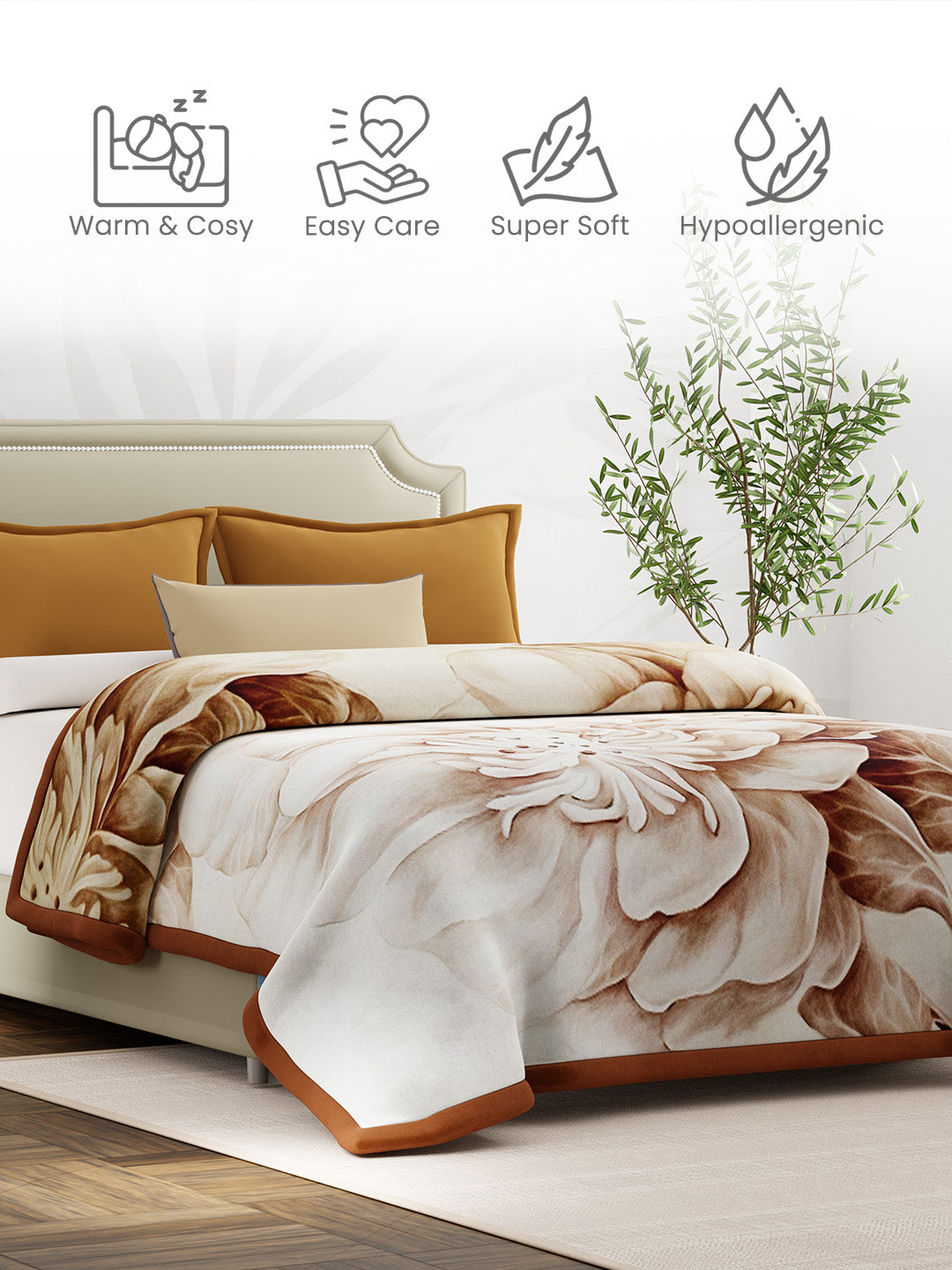 Double Size 3-Ply Blanket for Heavy Winter, Brown Floral, (2.40 m L x 2.20 m W), Luxe Loom