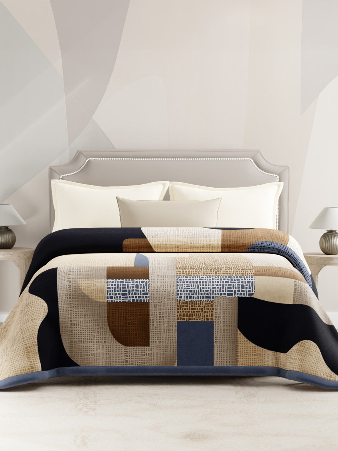 Double Size Blanket, Beige Abstract (2.40 L x 2.20 W meters), Valatia Collection