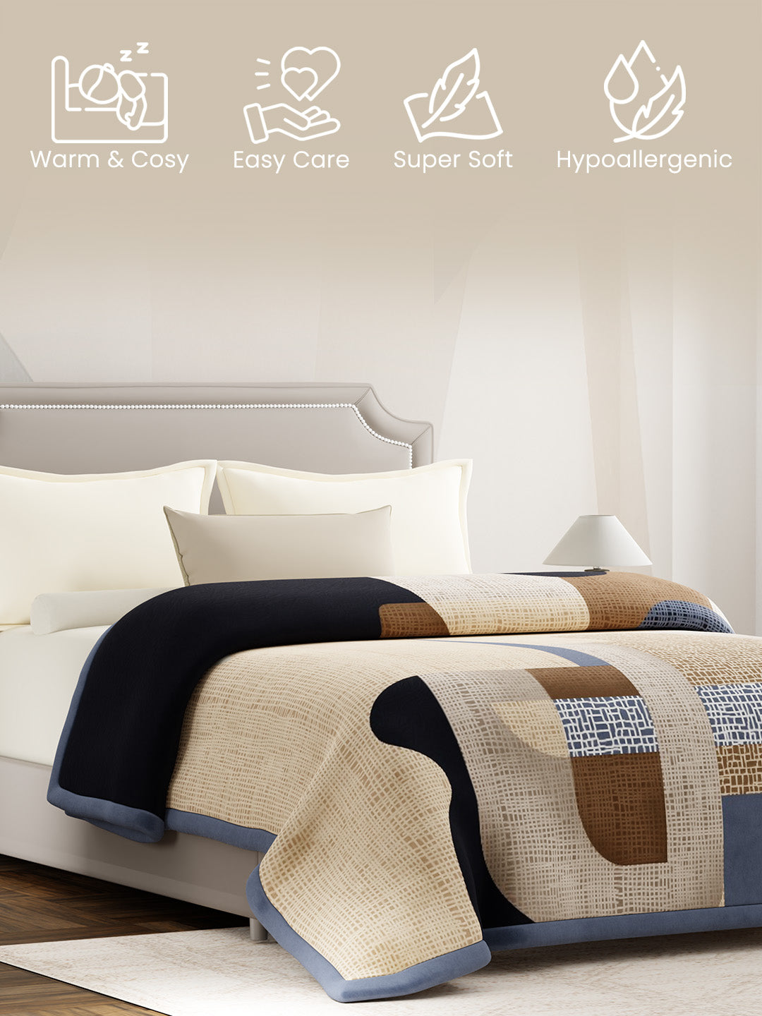 Double Size Blanket, Beige Abstract (2.40 L x 2.20 W meters), Valatia Collection