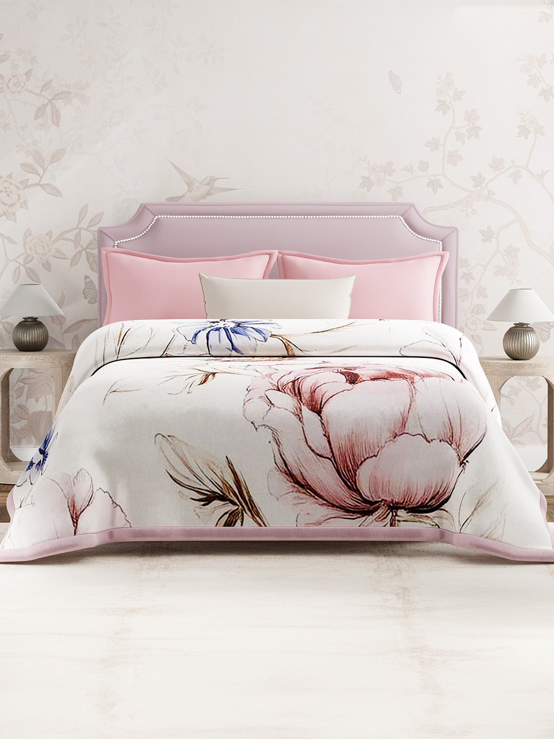Double Size 3-Ply Blanket for Heavy Winter, Pink Floral, (2.40 m L x 2.20 m W), Luxe Loom