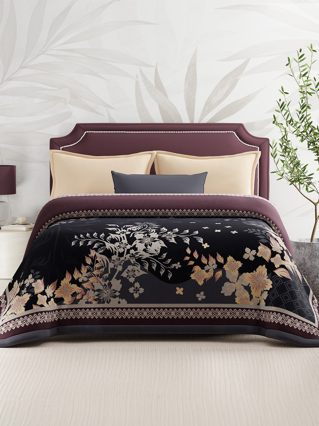 Double Size 3-Ply Blanket for Heavy Winter, Grey Floral, (2.40 m L x 2.20 m W), Luxe Loom