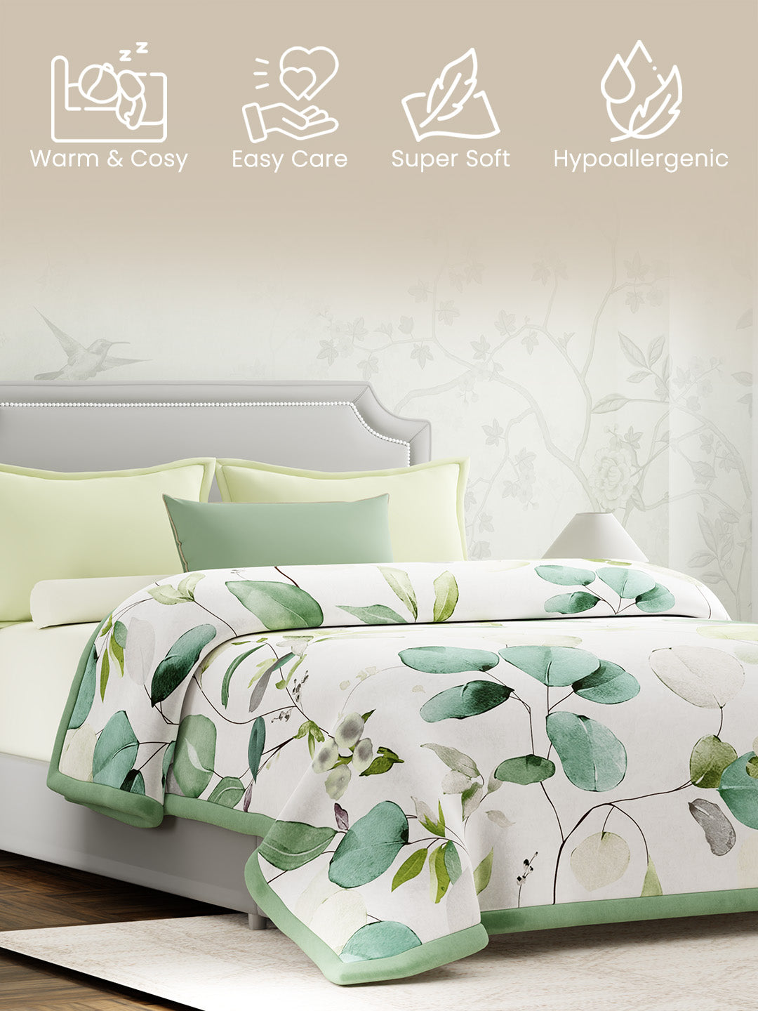 Double Size Blanket, Green Floral (2.40 L x 2.20 W meters), Valatia Collection