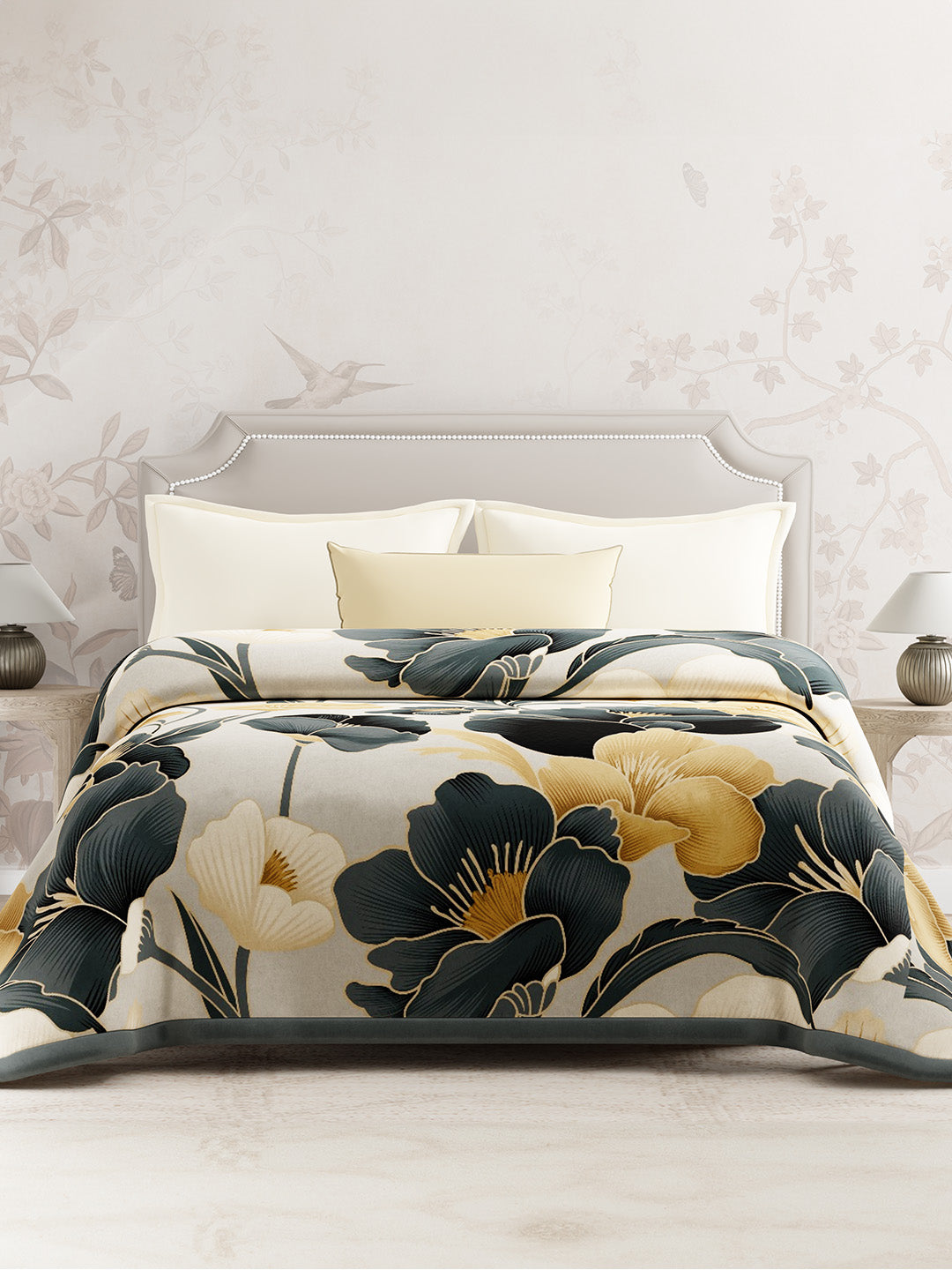 Double Size Blanket, Grey Floral (2.40 L x 2.20 W meters), Valatia Collection