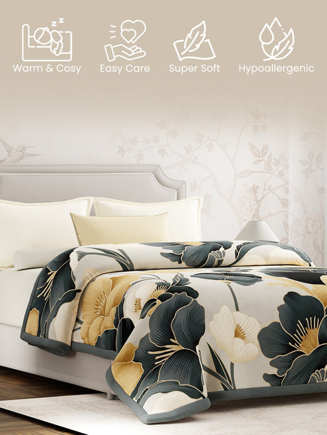 Perfect for Winter Season, Grey Floral Mink Double Size Blanket (Valatia Collection)