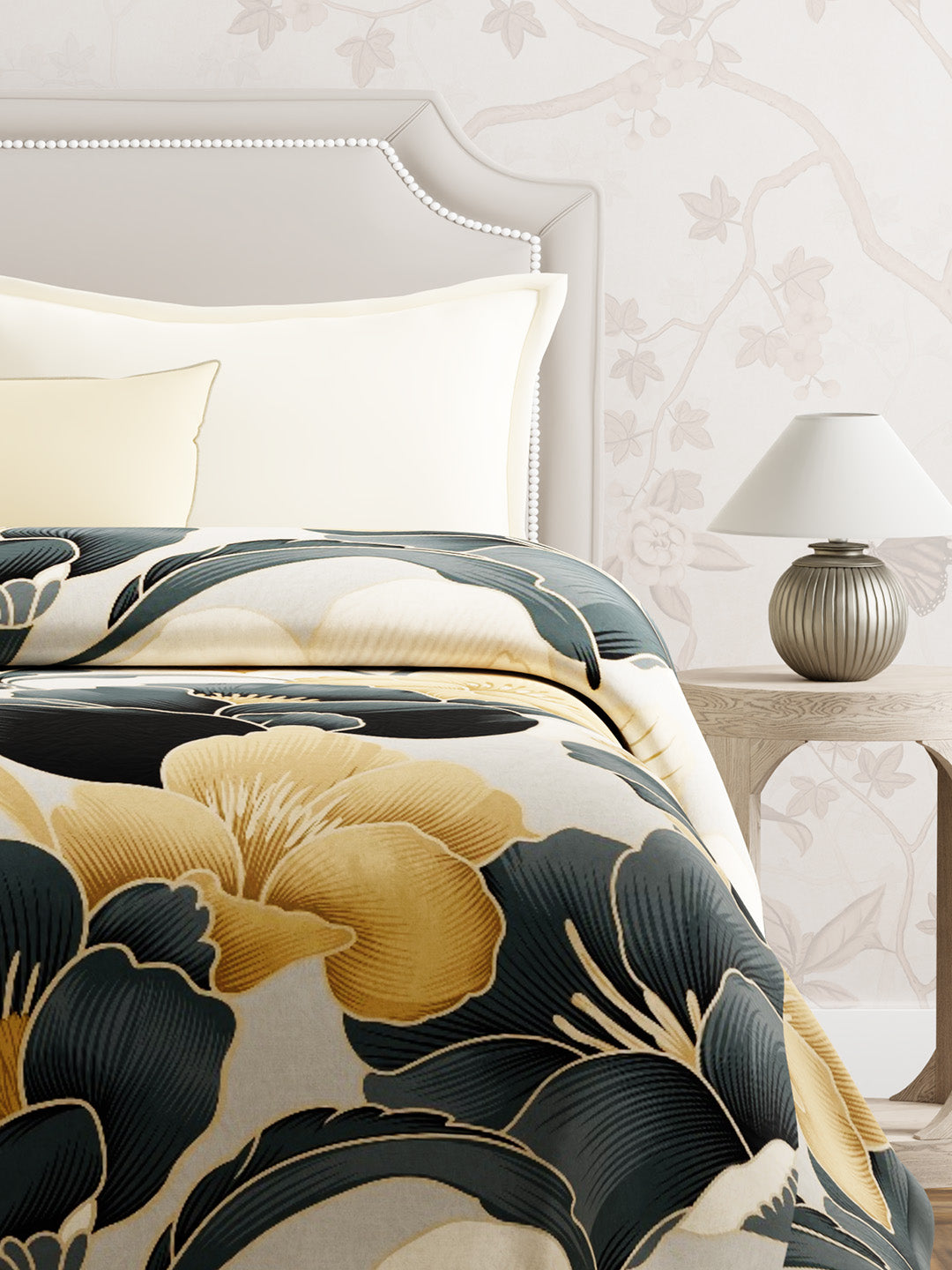 Double Size Blanket, Grey Floral (2.40 L x 2.20 W meters), Valatia Collection