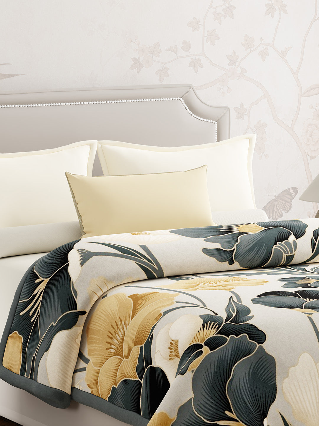 Double Size Blanket, Grey Floral (2.40 L x 2.20 W meters), Valatia Collection