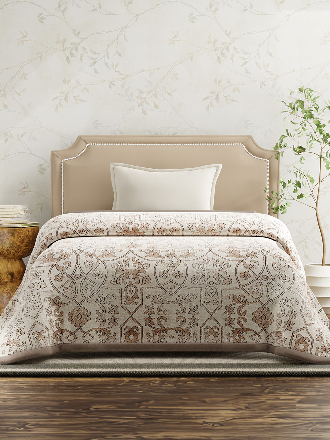 Single Size 2-Ply Blanket for Mild Winter, Beige Printed (2.20 L m x 1.60 W m), Gardenia Augusta