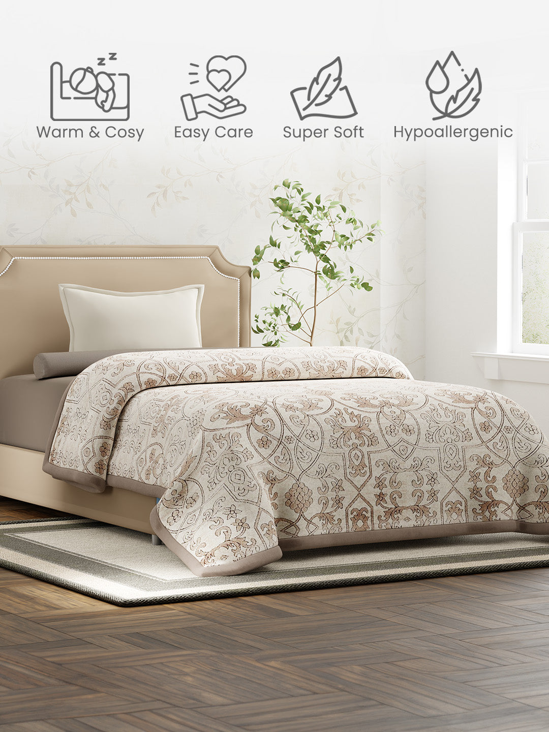 Single Size 2-Ply Blanket for Mild Winter, Beige Printed (2.20 L m x 1.60 W m), Gardenia Augusta