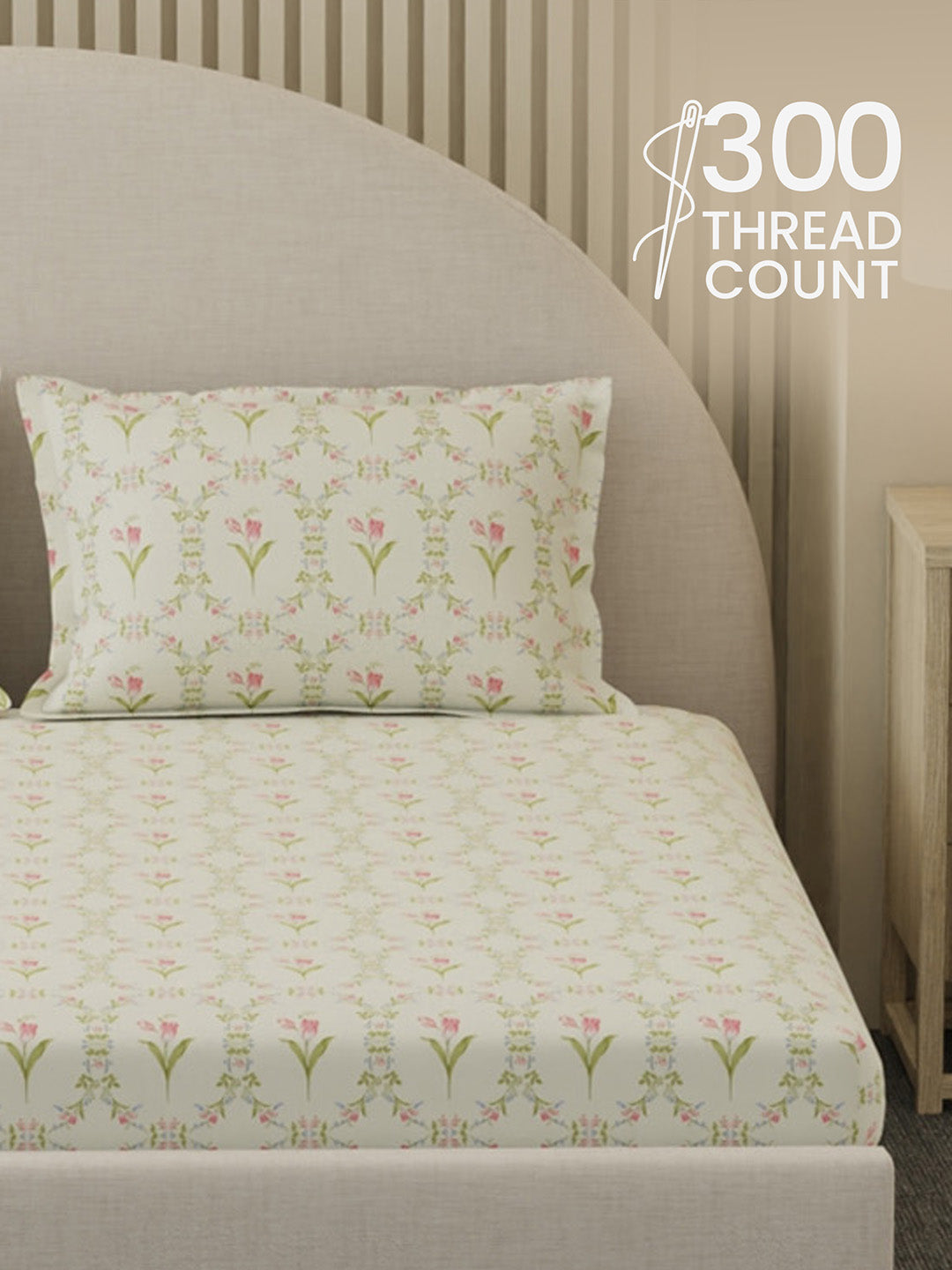 Cottage Garden 100% Cotton 300 TC King Bedsheet with 2 Pillow Covers | Printed Bedsheet Set