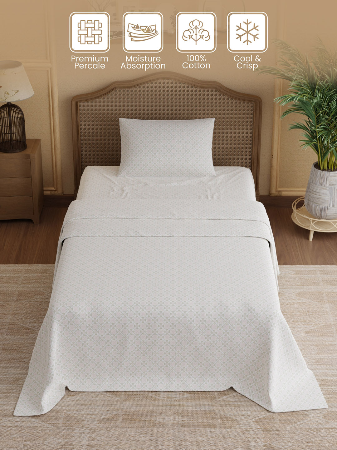 100% Cotton 300 TC, Printed Single Bedsheet Set, Cottage Garden