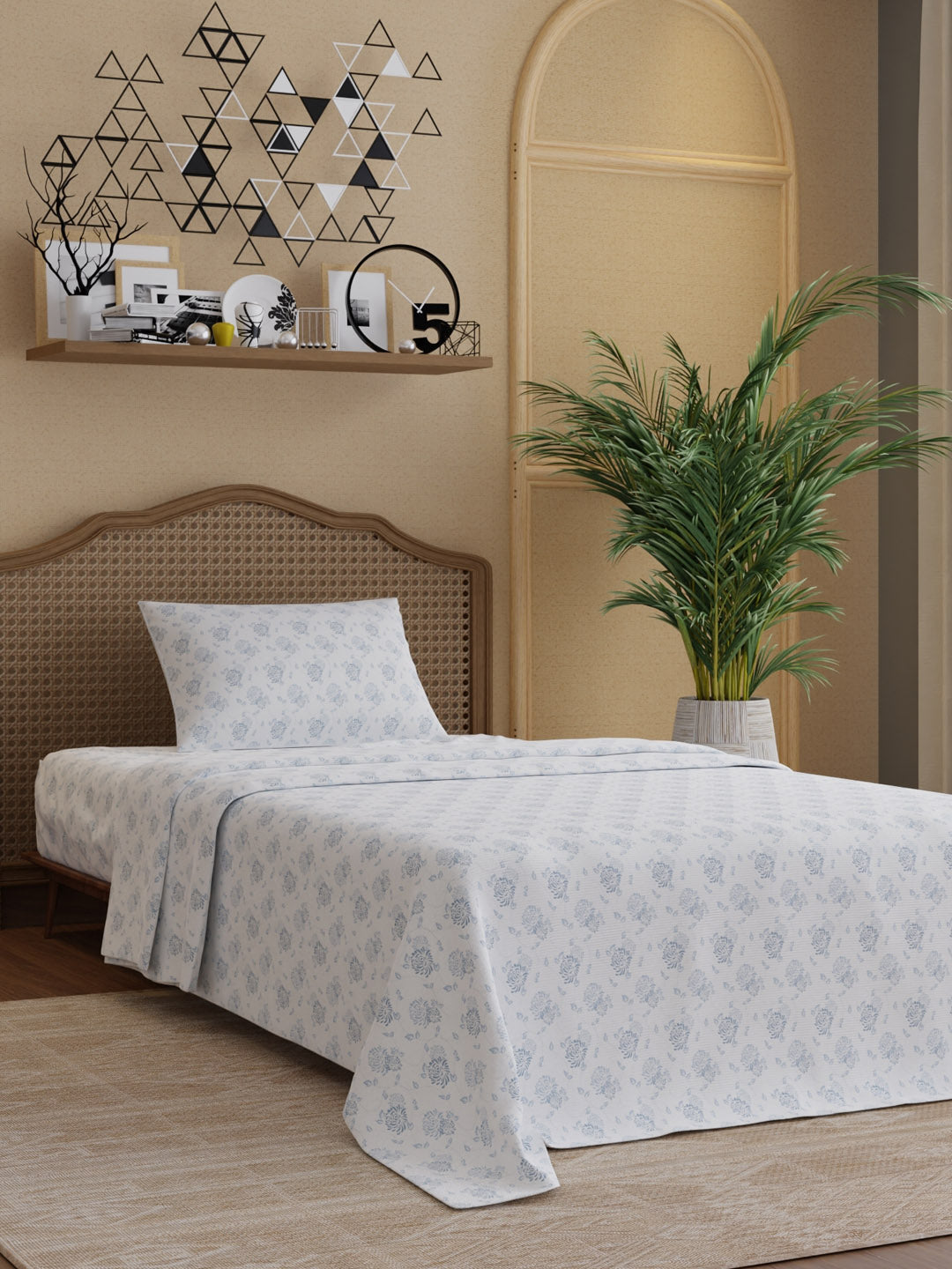 100% Cotton 300 TC, Printed Single Bedsheet Set, Cottage Garden