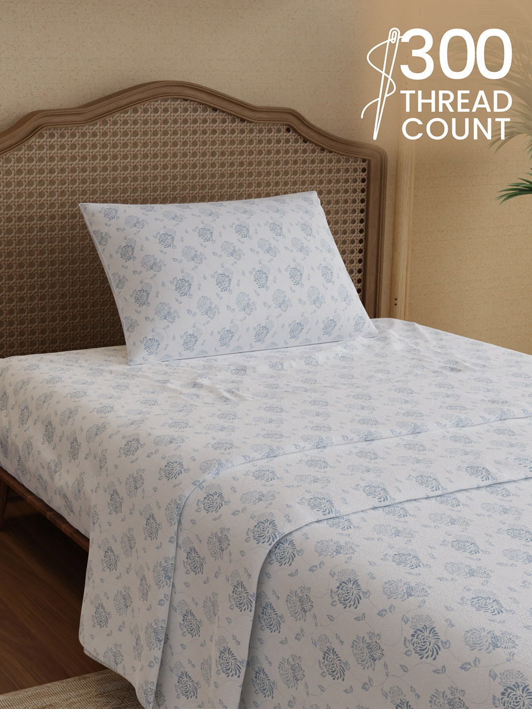 100% Cotton 300 TC, Printed Single Bedsheet Set, Cottage Garden