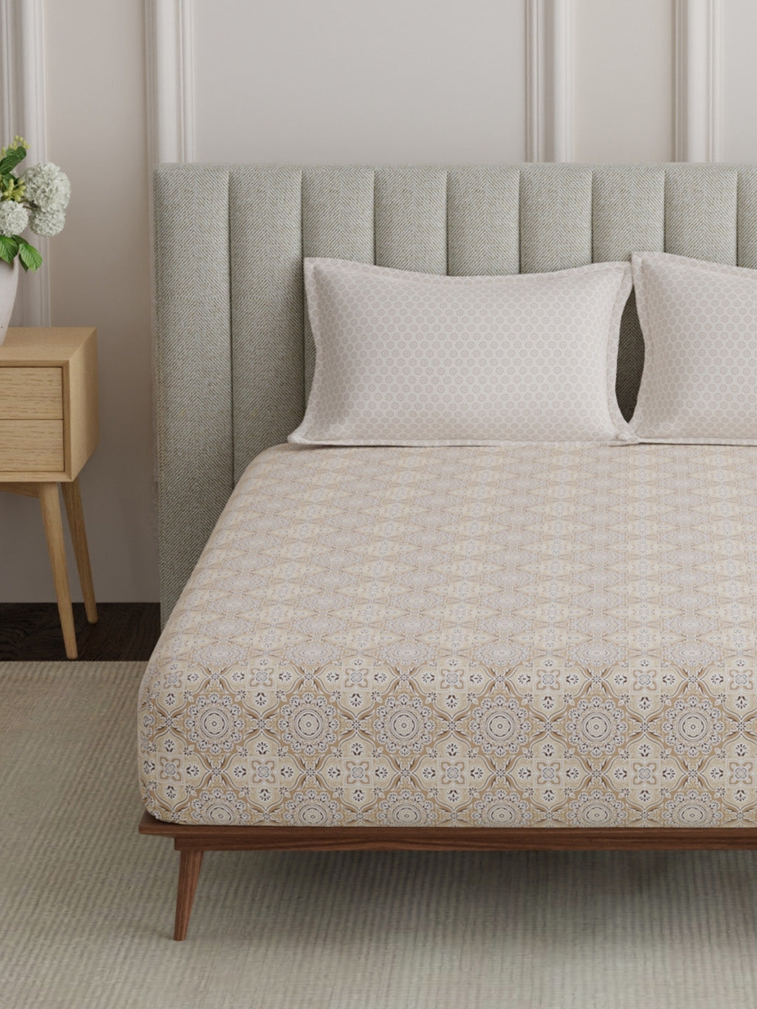 100% Cotton King Bedsheet Set, 152 TC Brown Ethnic Print, Embrace