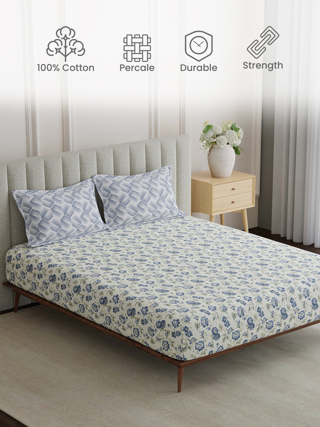 100% Cotton King Bedsheet Set, 152 TC Blue & White Floral, Embrace