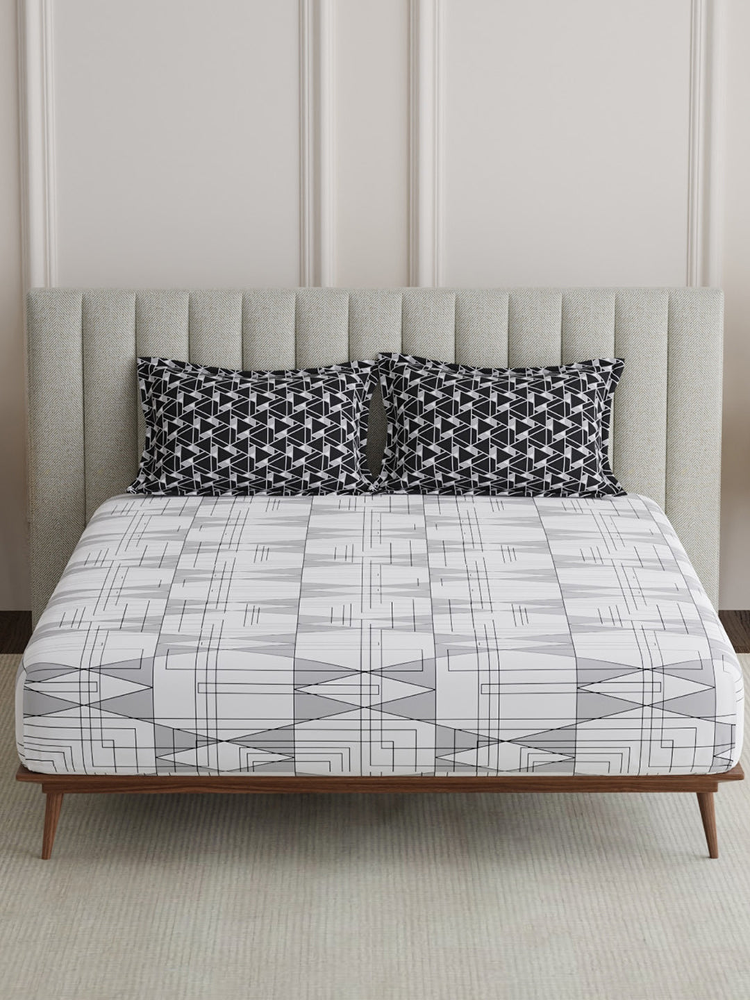 100% Cotton King Bedsheet Set, 152 TC Grey Geometrical, Embrace