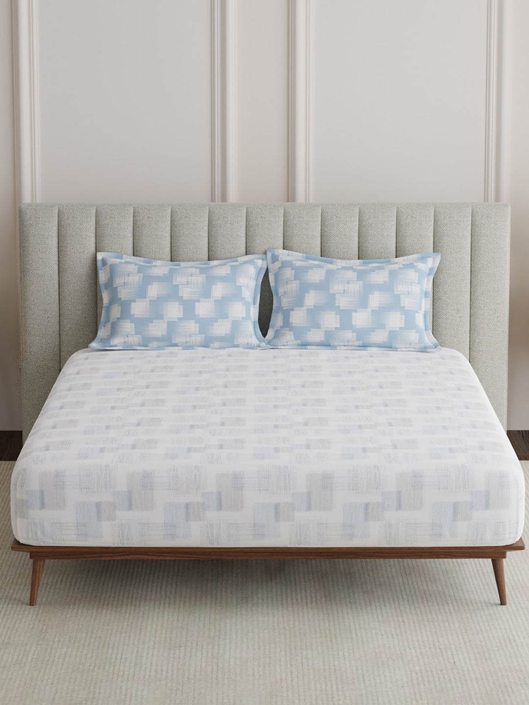 100% Cotton King Bedsheet Set, 152 TC Blue & White Geometrical, Embrace