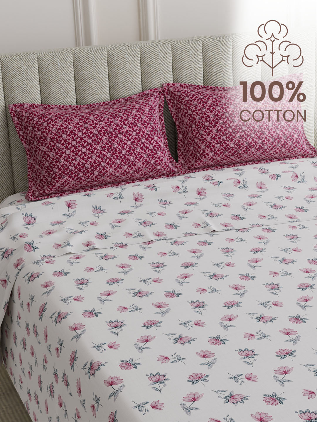 100% Cotton 152 TC, Printed King Bedsheet Set, Embrace