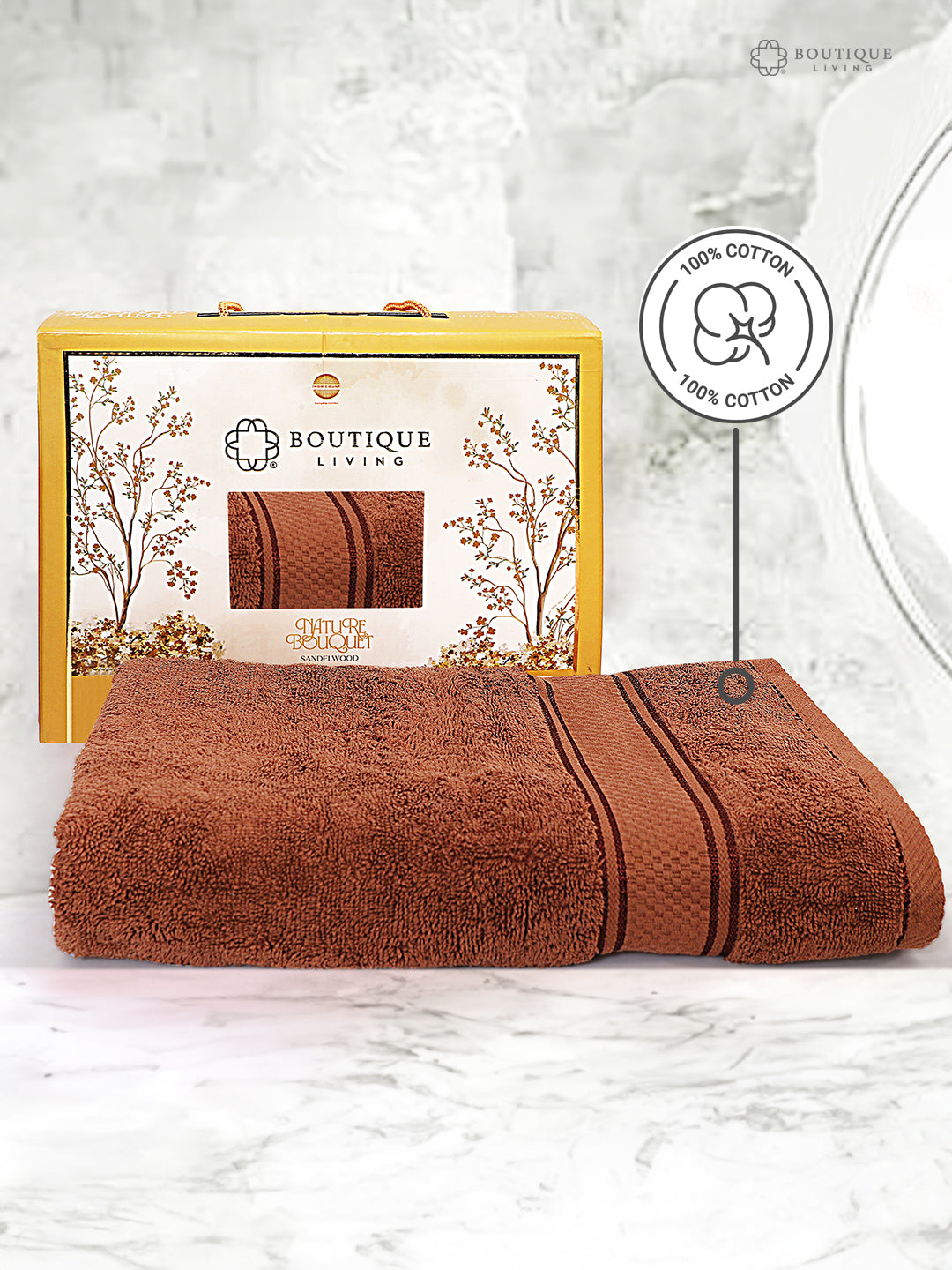 Boutique Living bath towel category showcasing premium 100% cotton luxury towels with aroma-infused designs from the Nature Bouquet collection.