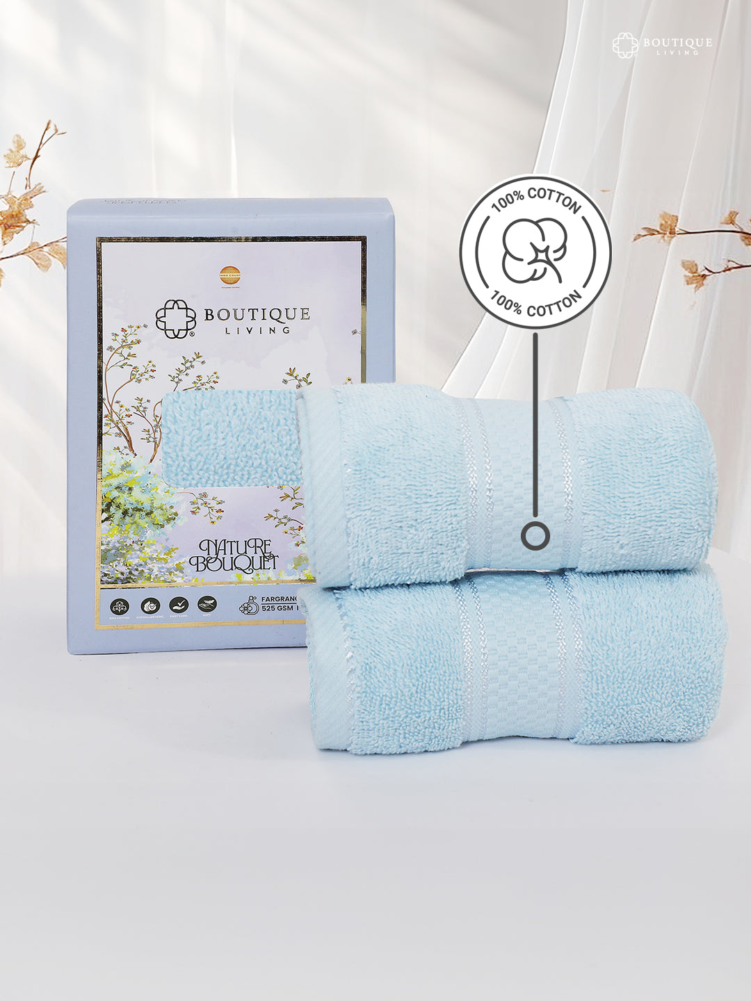 100% Cotton, Blue Hand Towels, Jasmine Aroma, 525 GSM (Nature Bouquet Collection) - Pack of 2