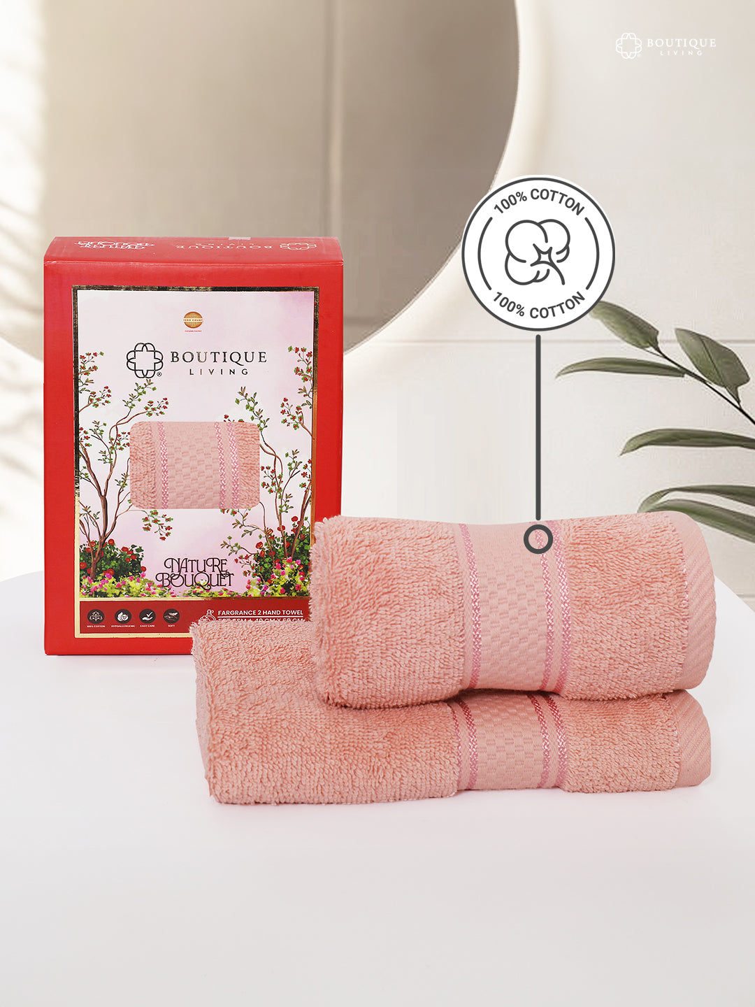 100% Cotton, Pink Hand Towels, Rose Aroma, 525 GSM (Nature Bouquet Collection) - Pack of 2