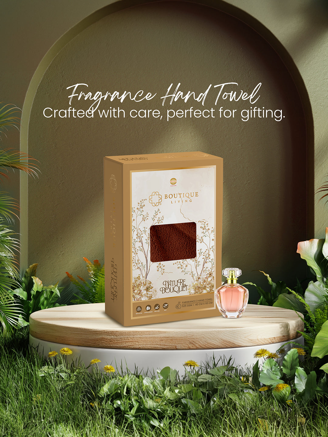 100% Cotton, Brown Hand Towels, Sandalwood Aroma, 525 GSM (Nature Bouquet Collection) - Pack of 2