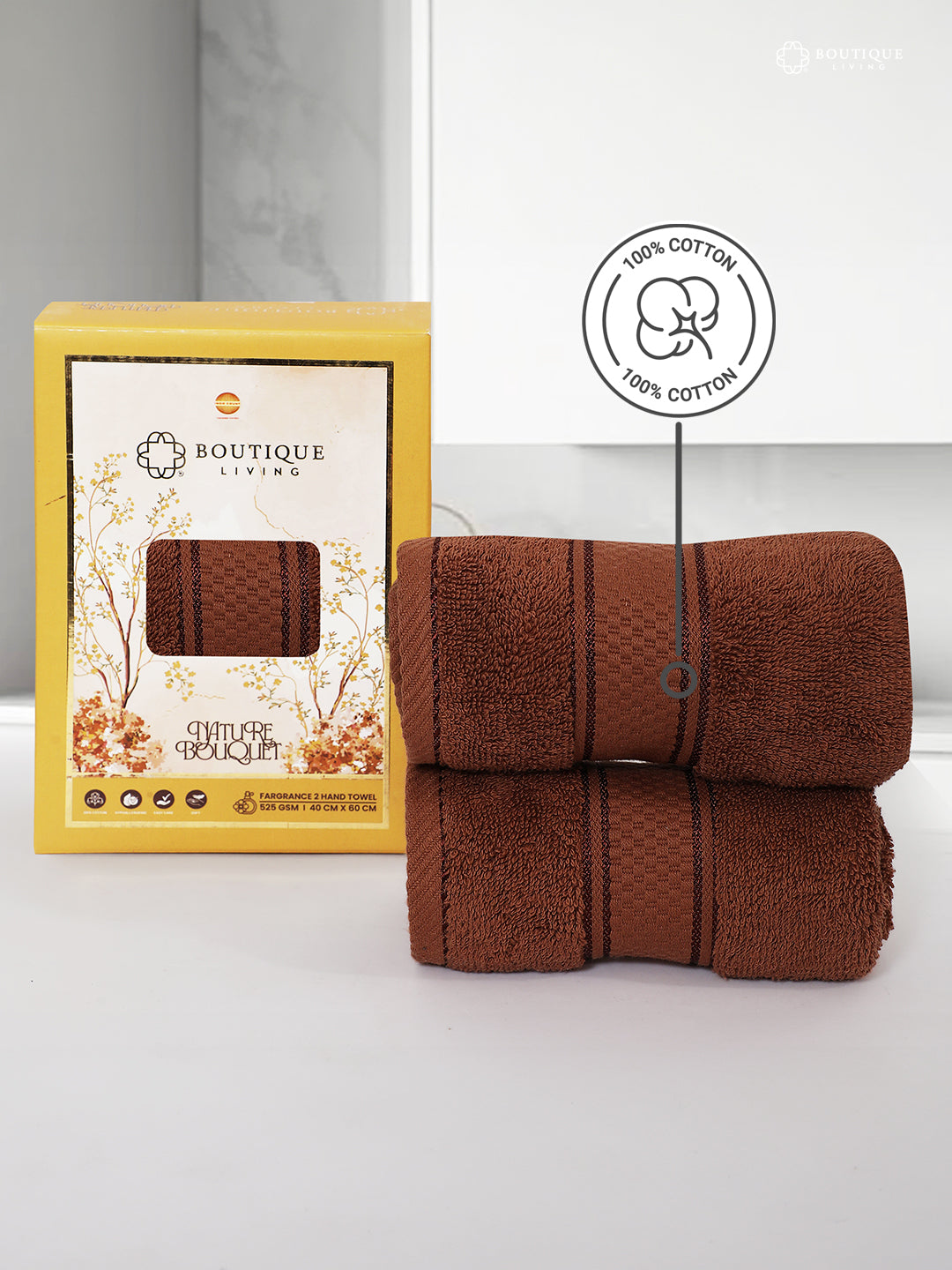 100% Cotton, Brown Hand Towels, Sandalwood Aroma, 525 GSM (Nature Bouquet Collection) - Pack of 2