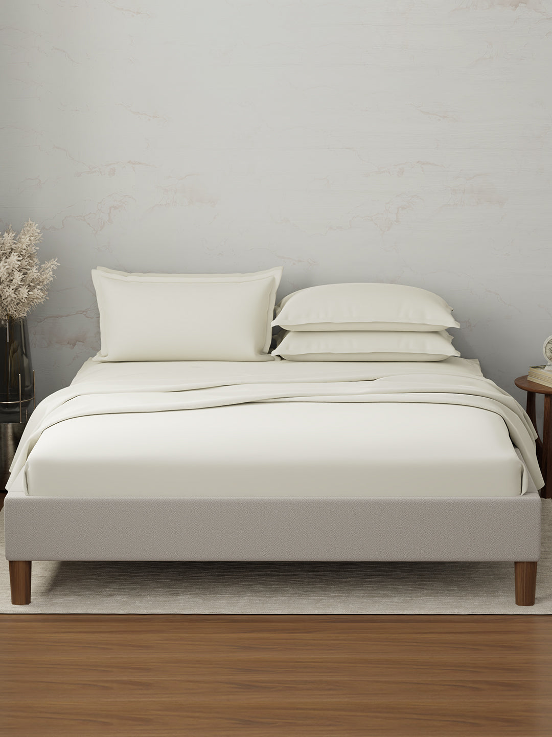 100% Cotton 300 TC, King Size Dyed Bedsheet with 4 Pillow Covers, Emblem Collection - Antique White