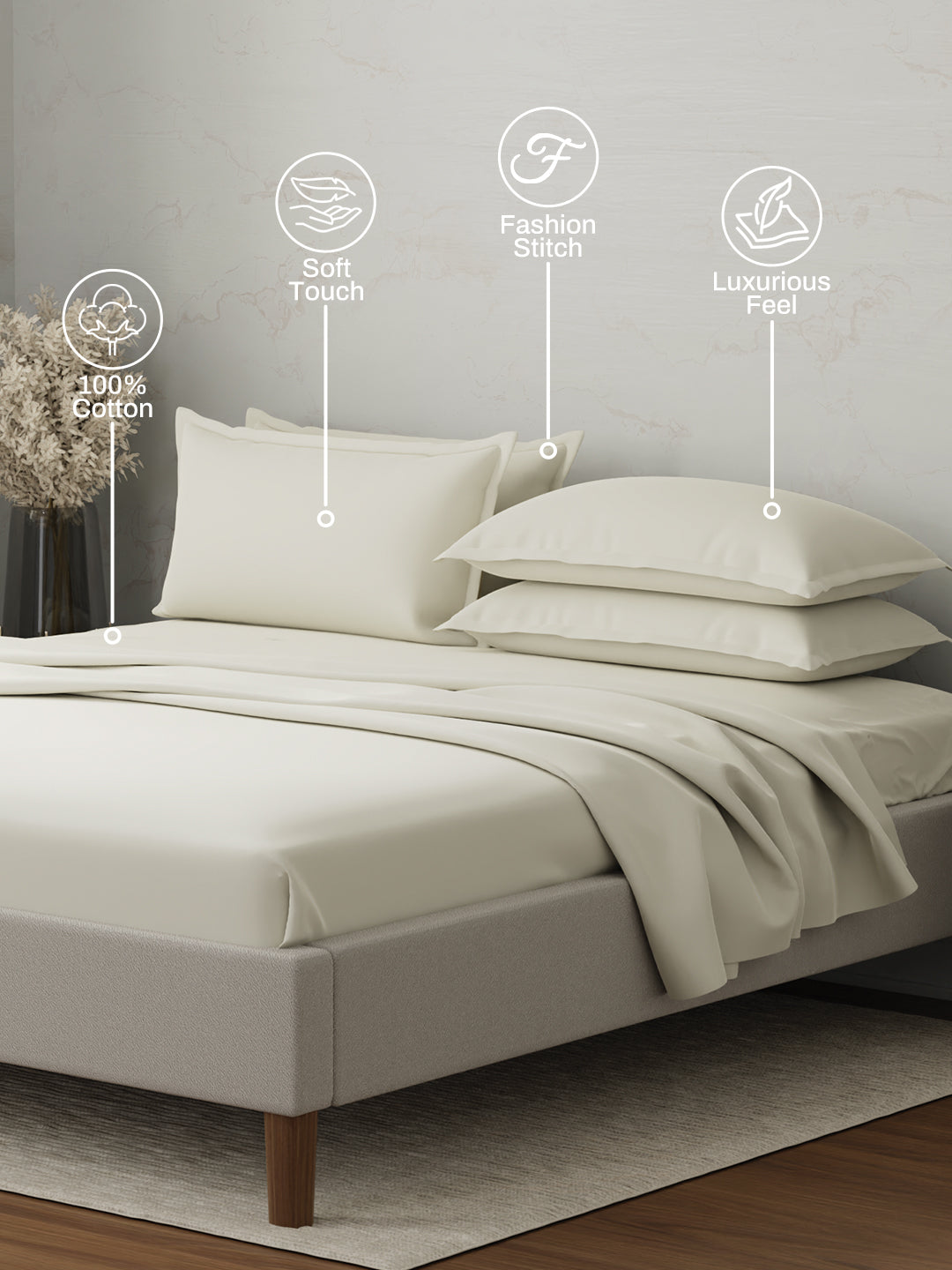 100% Cotton 300 TC, King Size Dyed Bedsheet with 4 Pillow Covers, Emblem Collection - Antique White