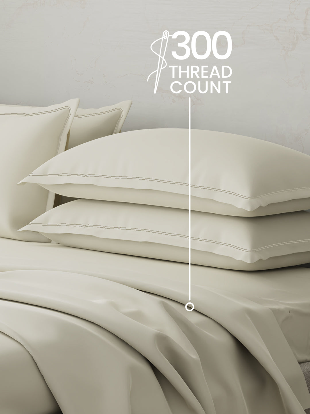 100% Cotton 300 TC, King Size Dyed Bedsheet with 4 Pillow Covers, Emblem Collection - Antique White