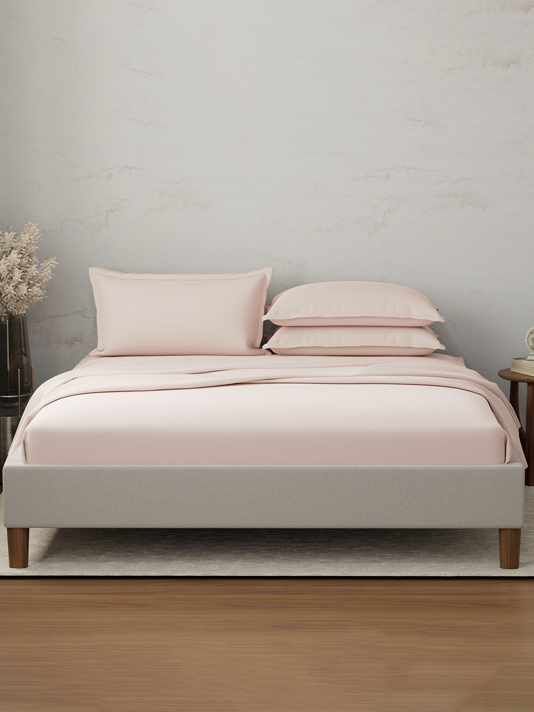 100% Cotton 300 TC, King Size Dyed Bedsheet with 4 Pillow Covers, Emblem Collection - Pearl Blush