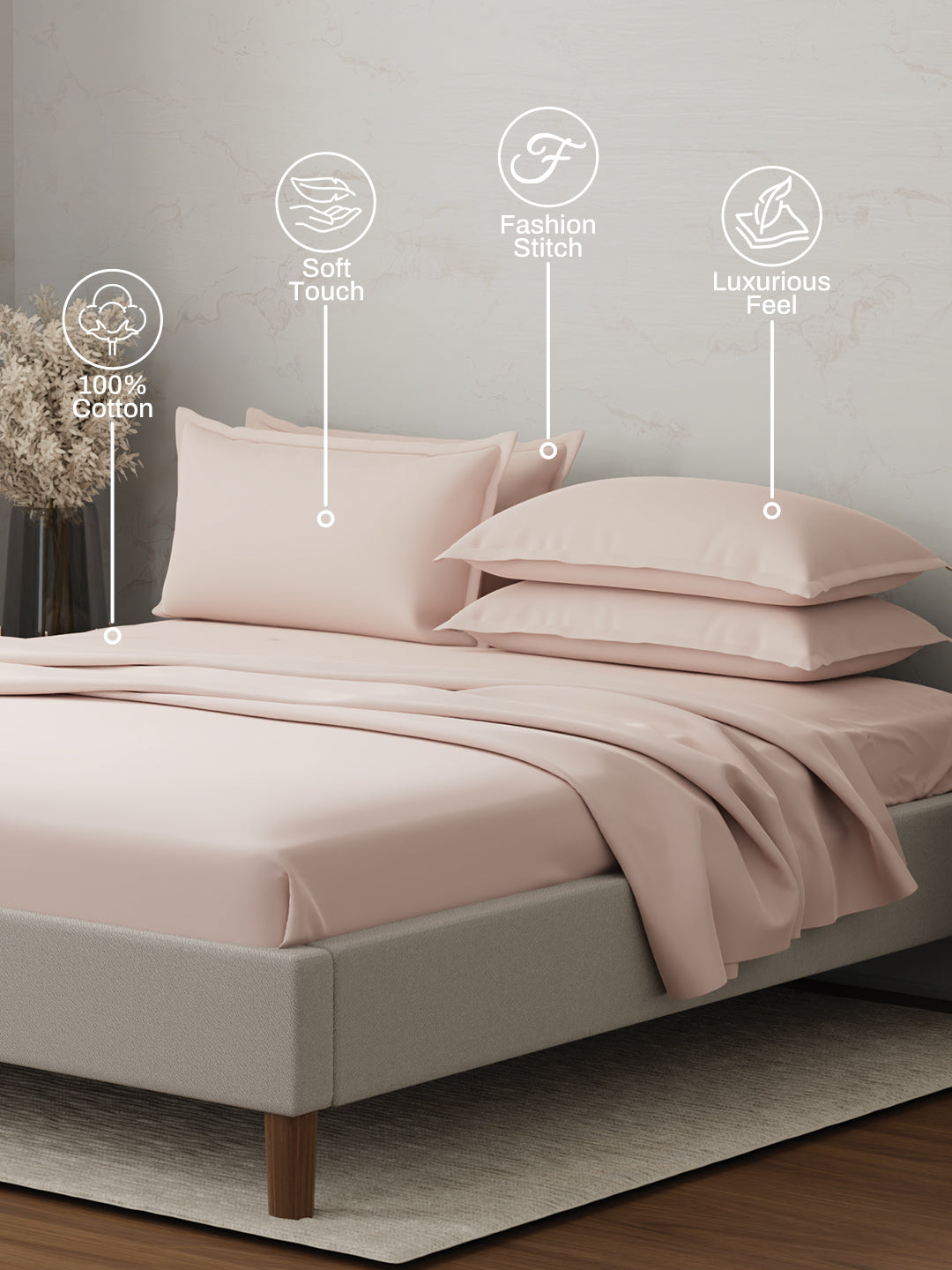 100% Cotton 300 TC, King Size Dyed Bedsheet with 4 Pillow Covers, Emblem Collection - Pearl Blush