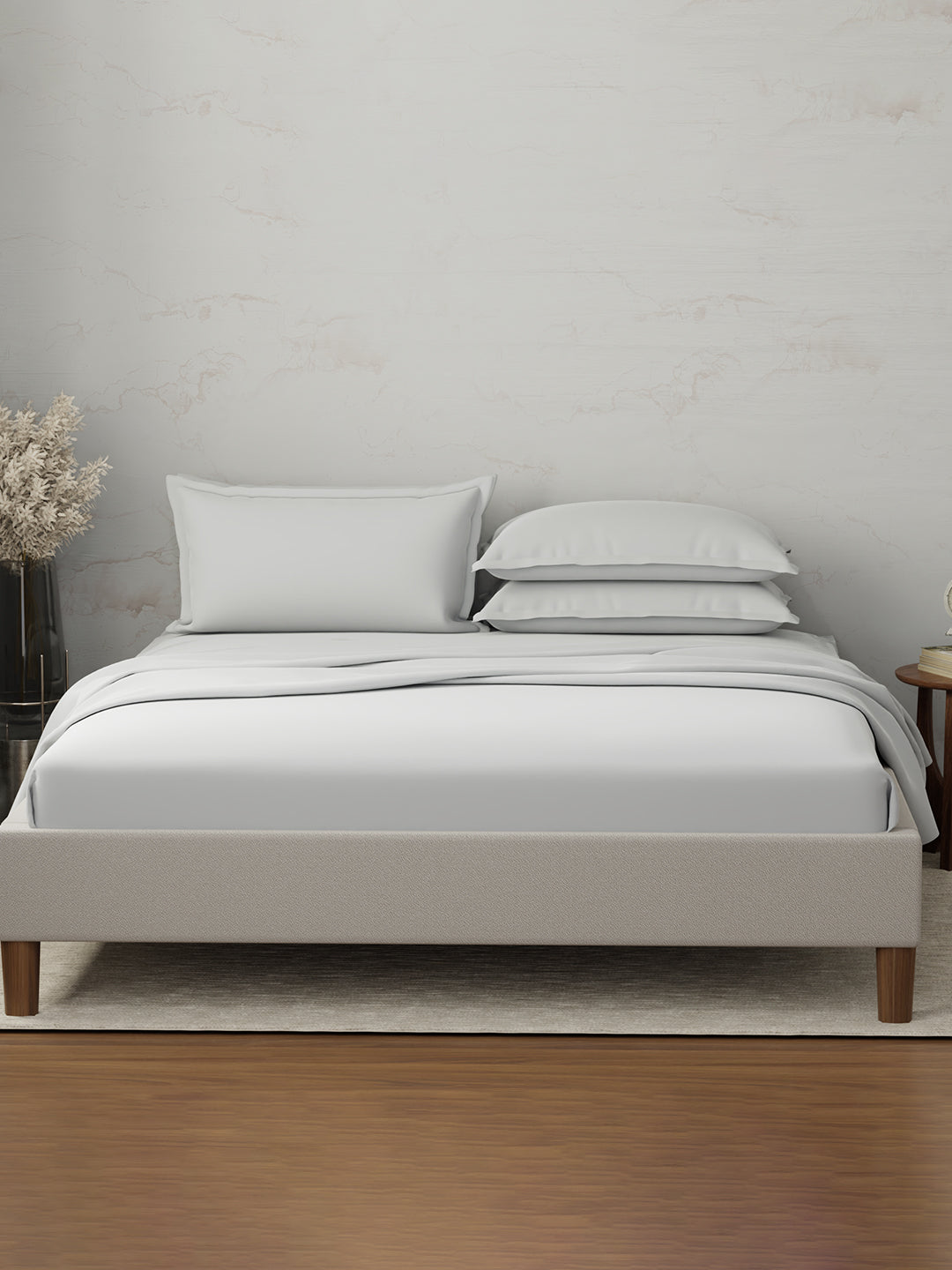 100% Cotton 300 TC, King Size Dyed Bedsheet with 4 Pillow Covers, Emblem Collection - Oyester Mushroom