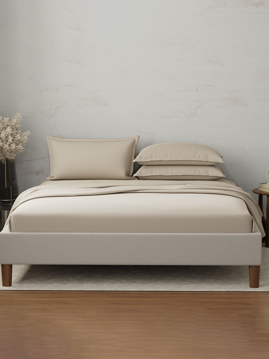 100% Cotton 300 TC, King Size Dyed Bedsheet with 4 Pillow Covers, Emblem Collection - Light Taupe