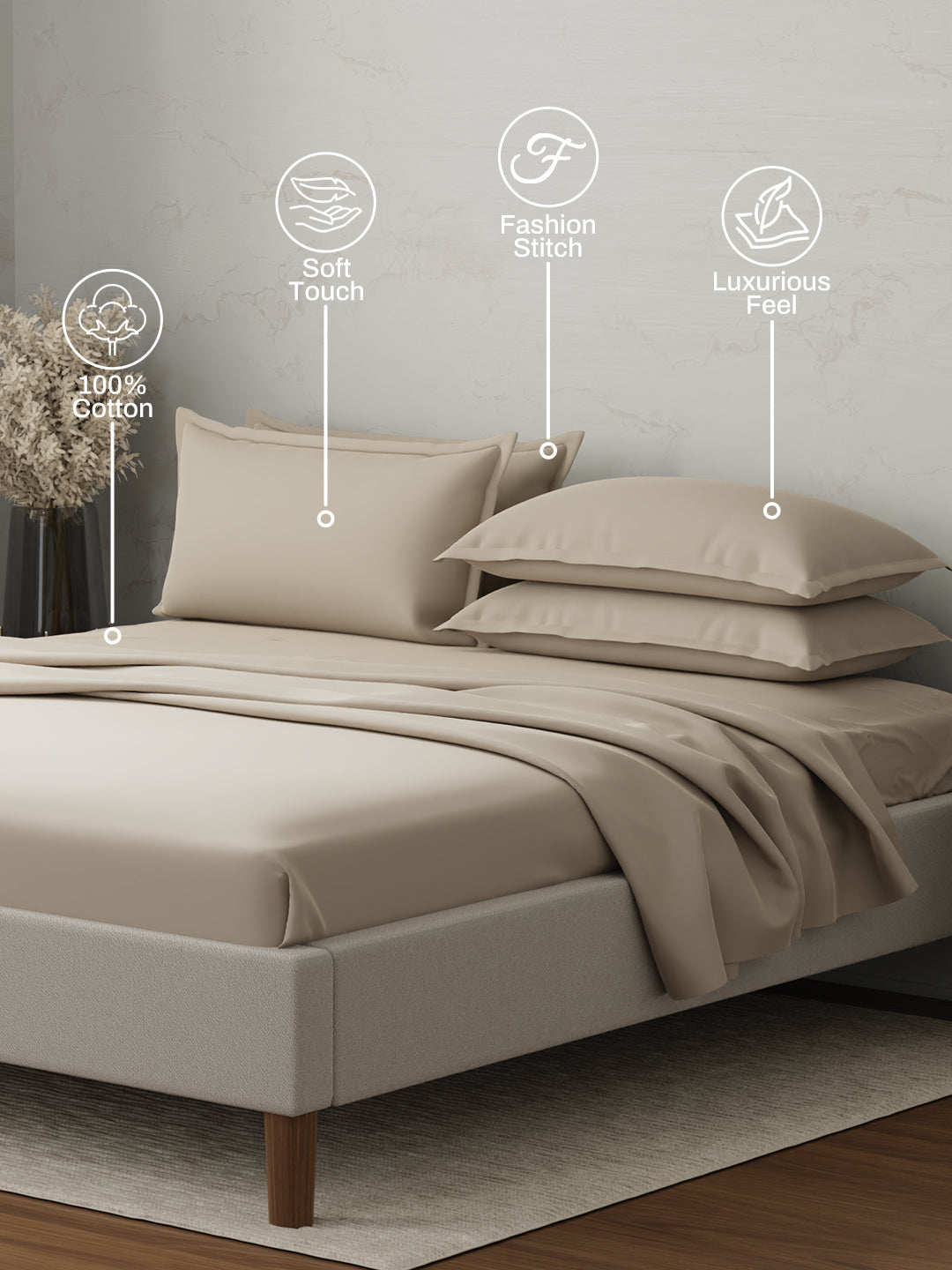 100% Cotton 300 TC, King Size Dyed Bedsheet with 4 Pillow Covers, Emblem Collection - Light Taupe