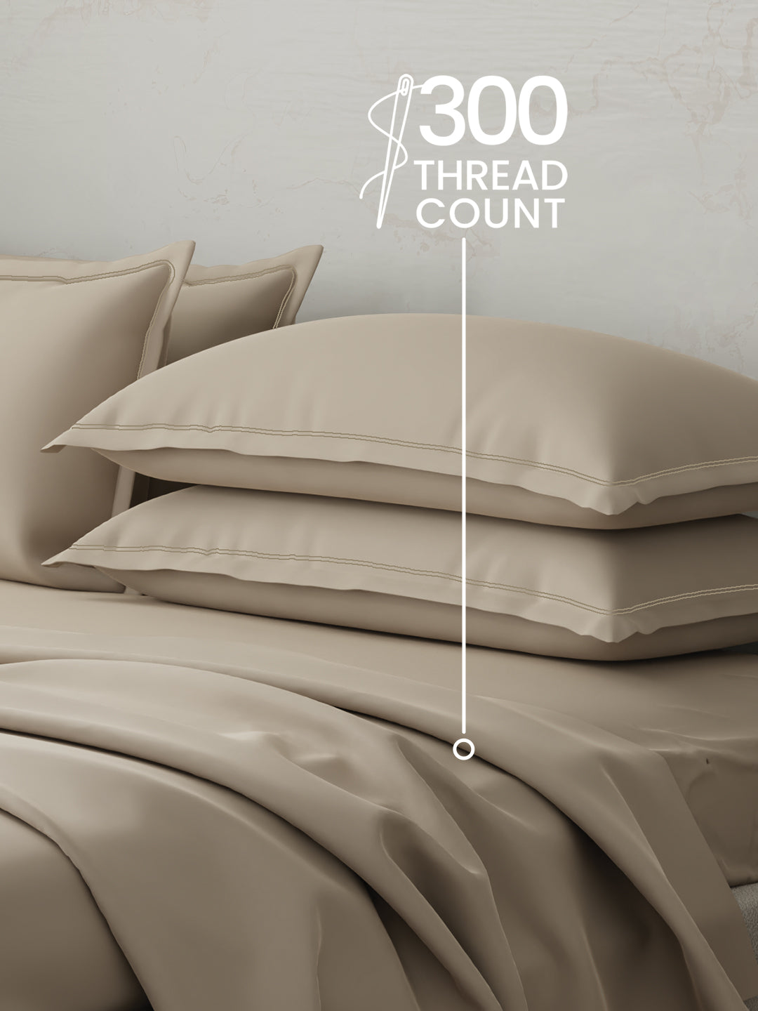 100% Cotton 300 TC, King Size Dyed Bedsheet with 4 Pillow Covers, Emblem Collection - Light Taupe