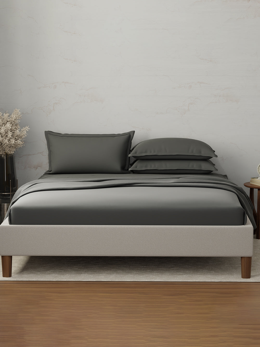 100% Cotton 300 TC, King Size Dyed Bedsheet with 4 Pillow Covers, Emblem Collection - Pewter