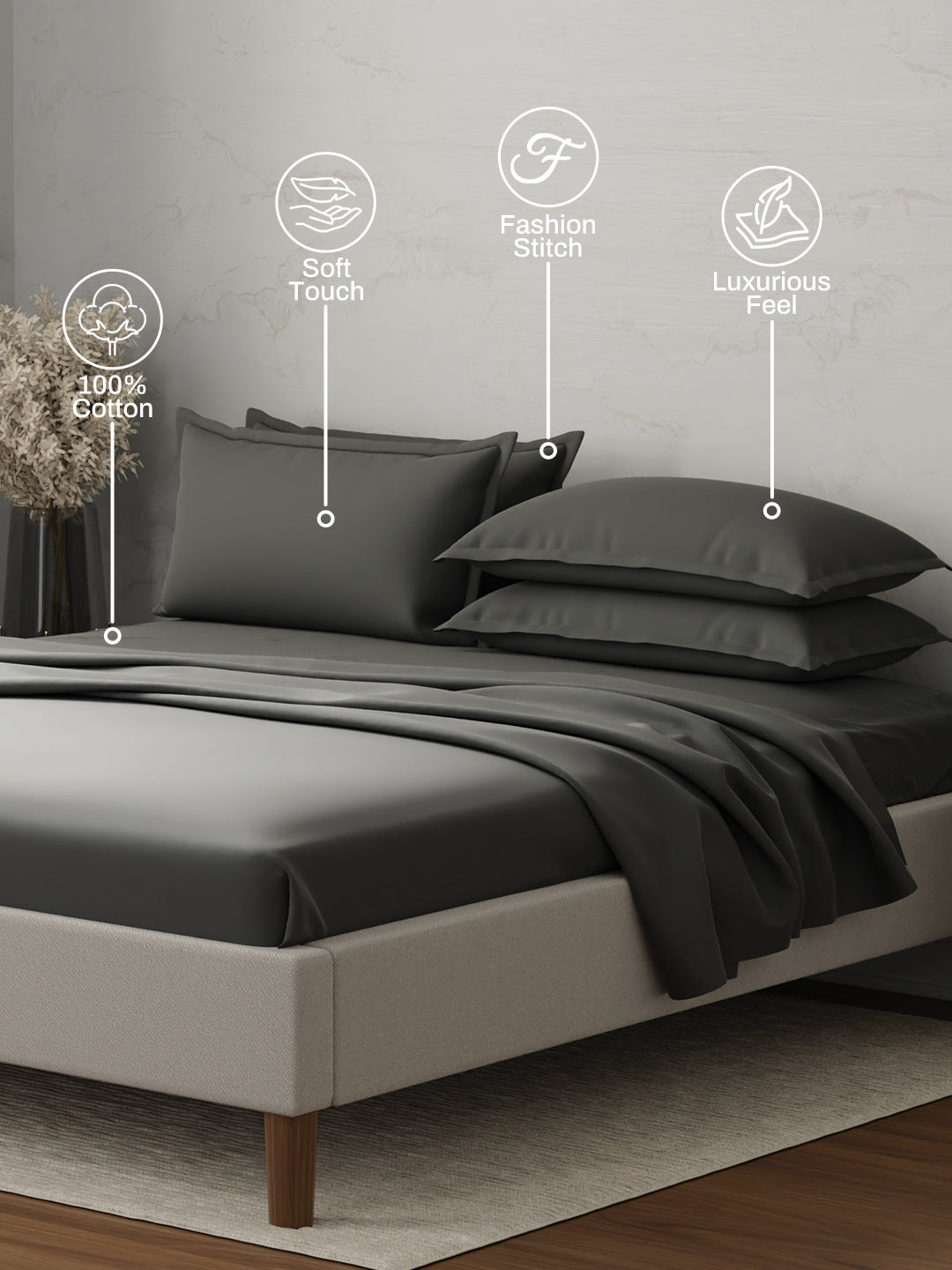 100% Cotton 300 TC, King Size Dyed Bedsheet with 4 Pillow Covers, Emblem Collection - Pewter