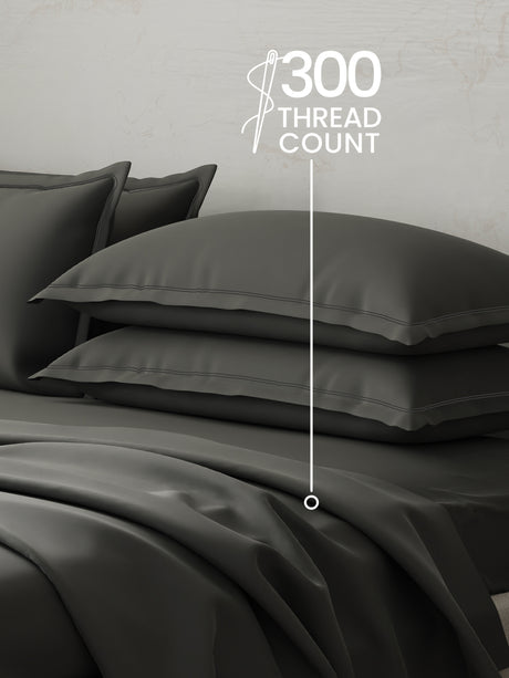 100% Cotton 300 TC, King Size Dyed Bedsheet with 4 Pillow Covers, Emblem Collection - Pewter