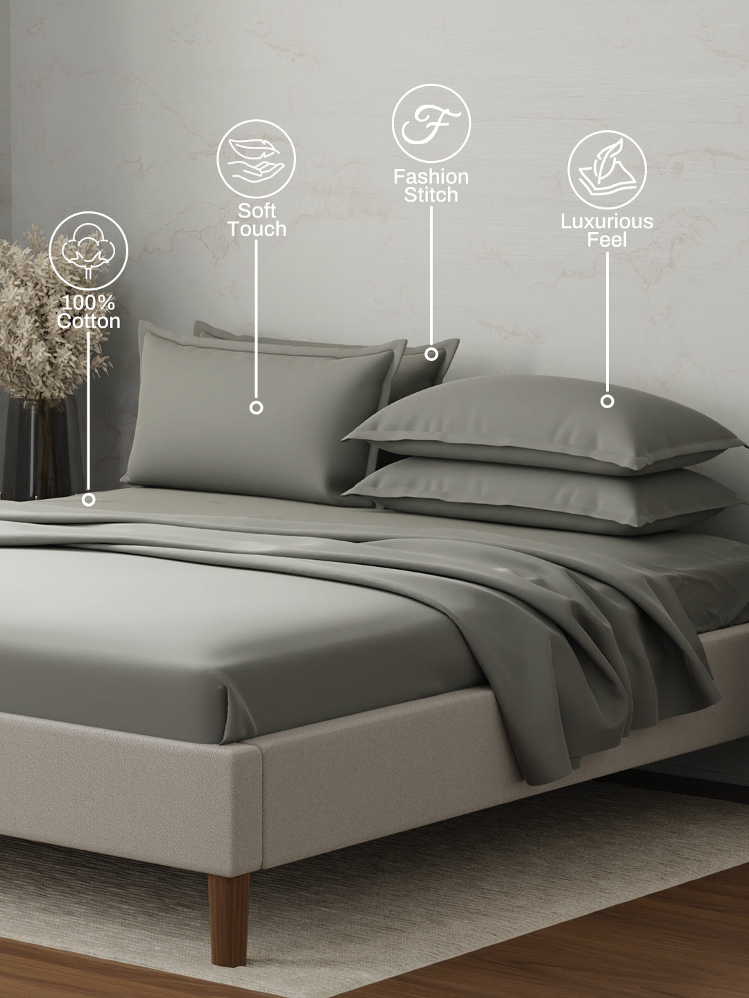 100% Cotton 300 TC, King Size Dyed Bedsheet with 4 Pillow Covers, Emblem Collection - Steeple Gray