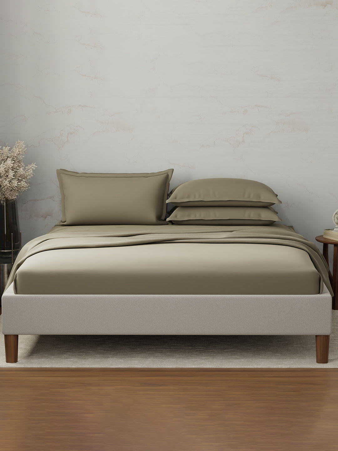 100% Cotton 300 TC, King Size Dyed Bedsheet with 4 Pillow Covers, Emblem Collection - Dusky Green