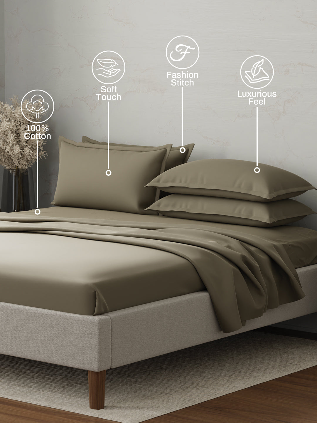 100% Cotton 300 TC, King Size Dyed Bedsheet with 4 Pillow Covers, Emblem Collection - Dusky Green