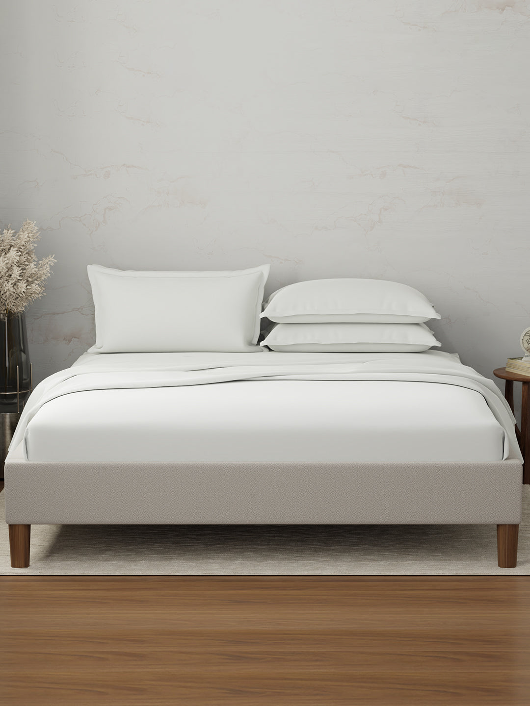 100% Cotton 300 TC, King Size Dyed Bedsheet with 4 Pillow Covers, Emblem Collection - Bright White