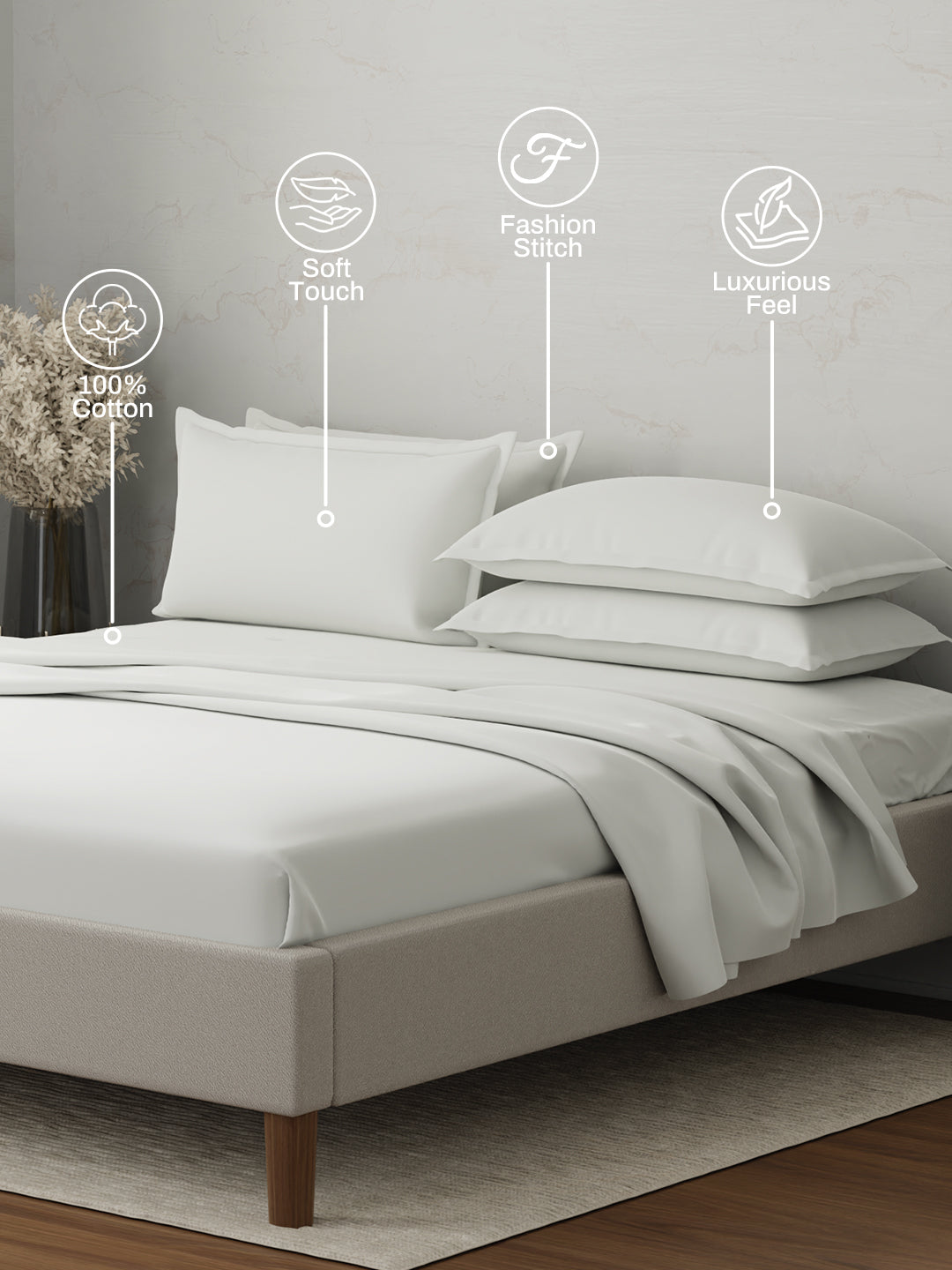 100% Cotton 300 TC, King Size Dyed Bedsheet with 4 Pillow Covers, Emblem Collection - Bright White