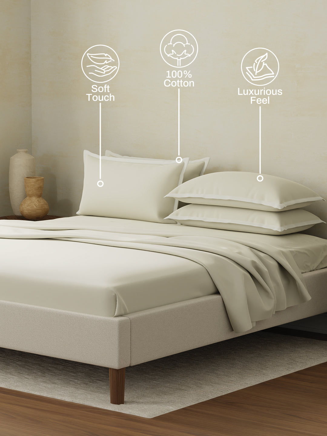 Cotton Charm 400 TC 100% Cotton King Size Dyed Bedsheet with 4 Pillow Covers - Seed Pearl