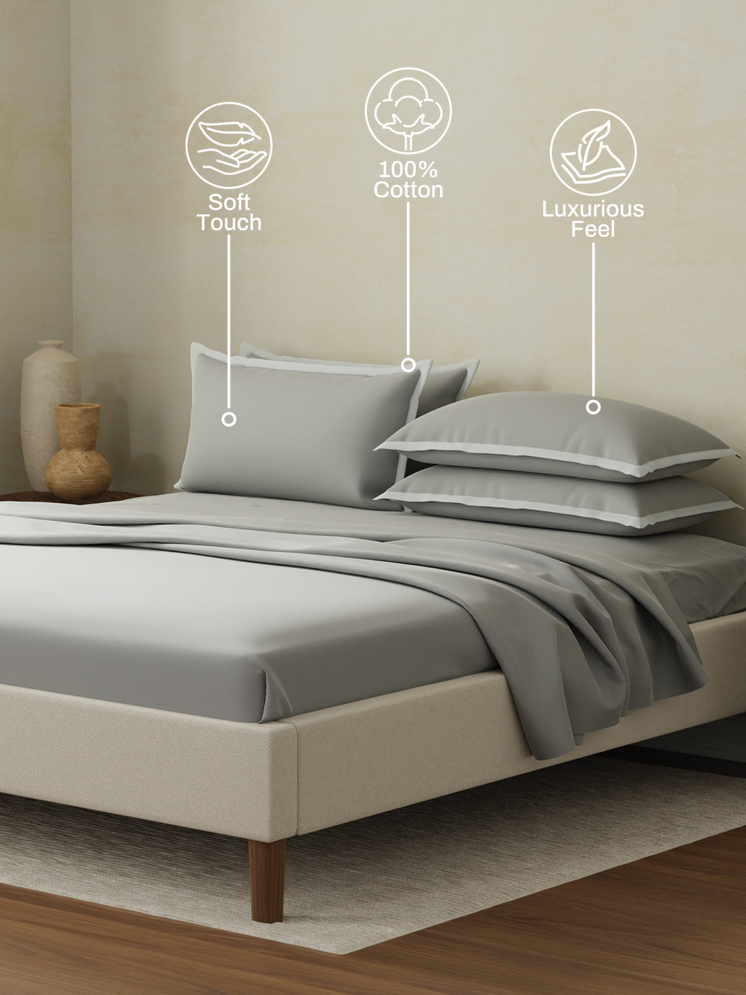 Cotton Charm 400 TC 100% Cotton King Size Dyed Bedsheet with 4 Pillow Covers - Limestone