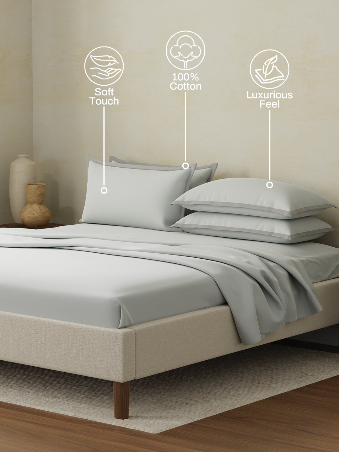 Cotton Charm 400 TC 100% Cotton King Size Dyed Bedsheet with 4 Pillow Covers - Dwan Blue