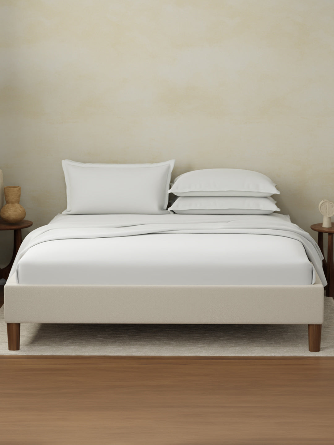 Cotton Charm 400 TC 100% Cotton King Size Dyed Bedsheet with 4 Pillow Covers - Bright White